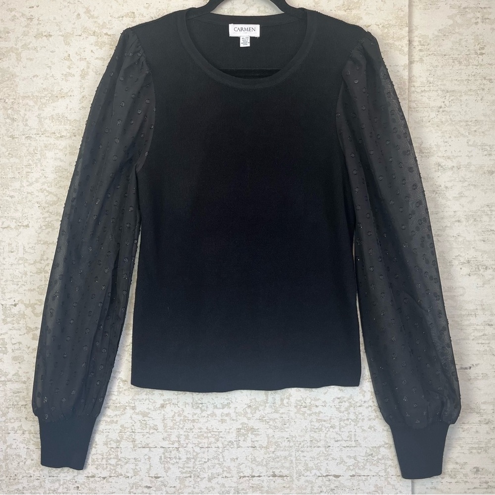 Carmen Marc Valvo Black Ribbed Top Size XLarge Sheer Metalic Sleeve Night Out